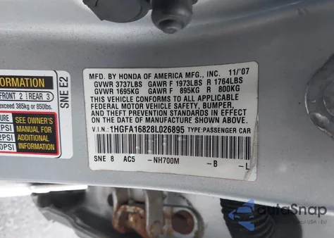 2008 Honda Civic Ex from USA, damaged, VIN 1HGFA16828L026895